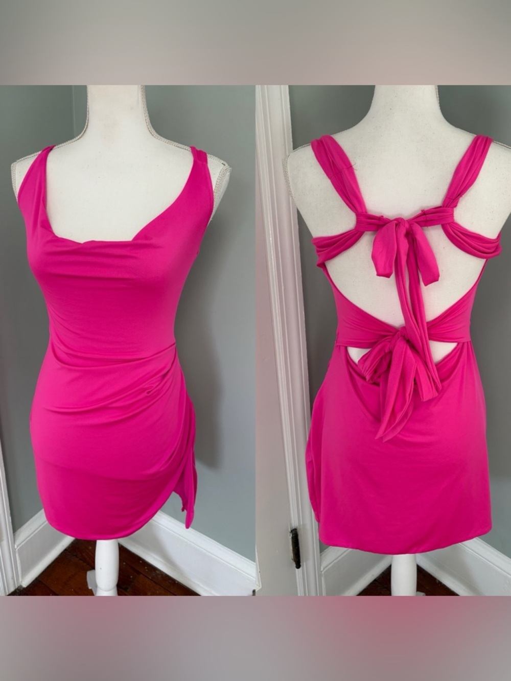 SHEIN Hot Pink Sleeveless Cowl Neck Mini Dress Bow Back Open Size 6 Stretch
